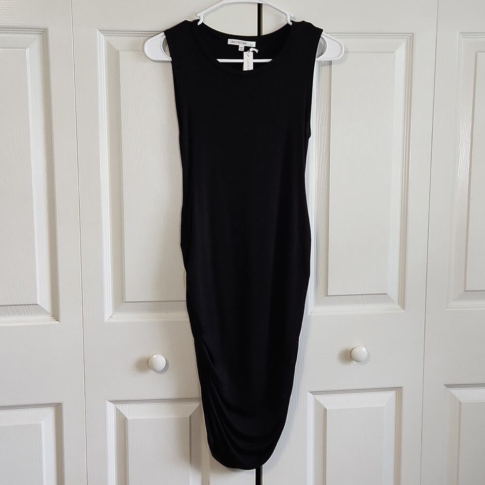 Anistar Women's Black Ruched Sides Knee Length Bodycon Dress‎ Size SM NWT
